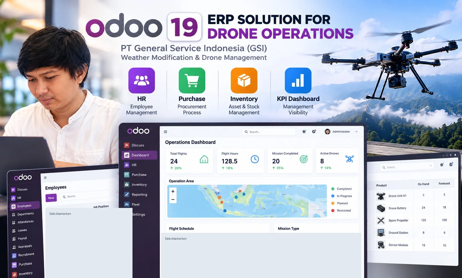 Sampul solusi Odoo 19 untuk operasi drone GSI