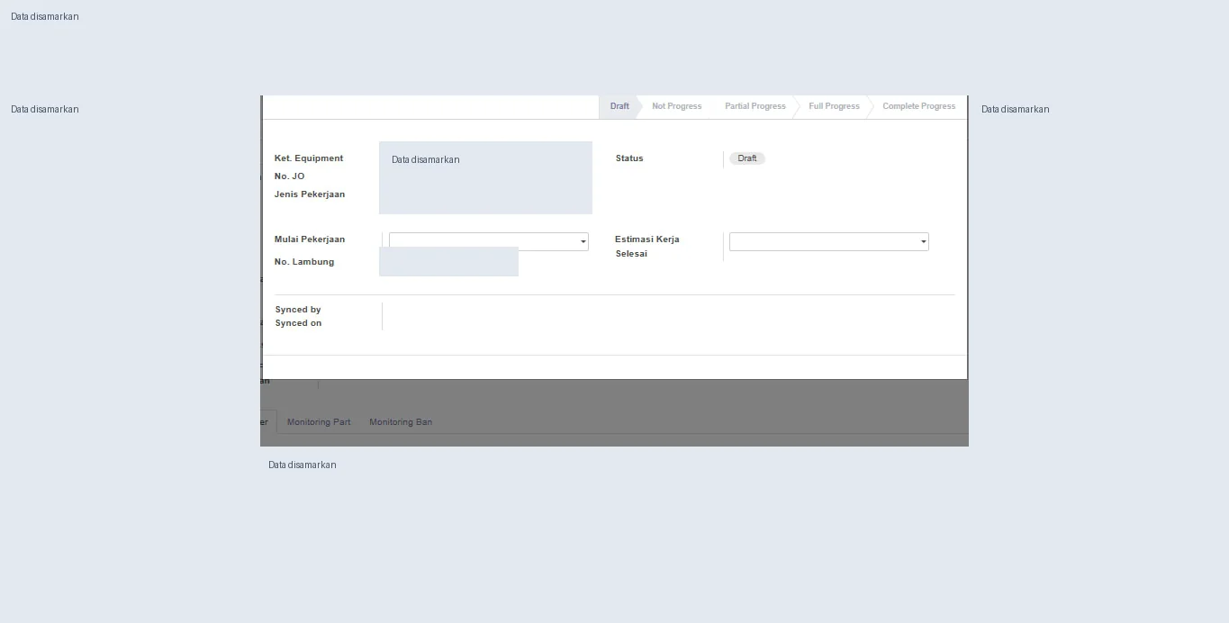Form work order alat berat di Odoo dengan data internal disamarkan